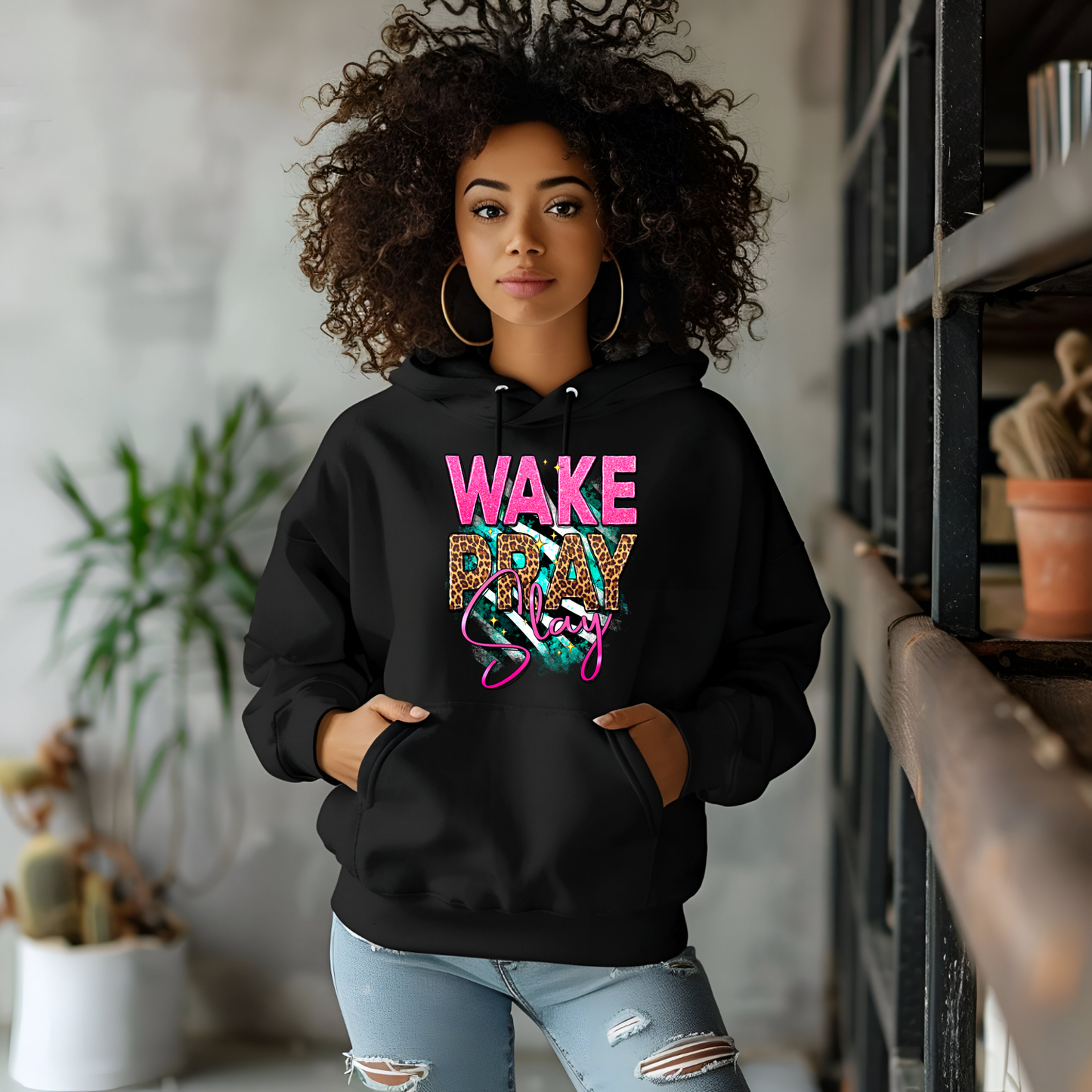 Wake Pray Slay Fleece Hoodie (Leopard Print)