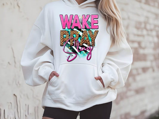 Wake Pray Slay Fleece Hoodie (Leopard Print)